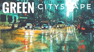 Watercolor Painting Tutorial | Rainy Cityscape (RELAXING THUNDERSTORM SOUND)