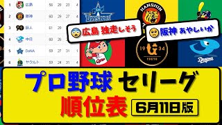 【最新】プロ野球セ・リーグ順位表 6月11日版｜1位広島◯ 2位巨人● 3位阪神● 4位中日◯ 5位横浜◯ 6位ヤクルト●｜【まとめ・反応集・なんJ・2ch】