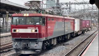 【ジョイント音最高！】JR貨物EH500形14号機＋コキ20B（両）が大宮駅10番線を通過するシーン（3083レ・仙貨A158・コンテナ輸送）2025.1.12〜土休日ダイヤ〜