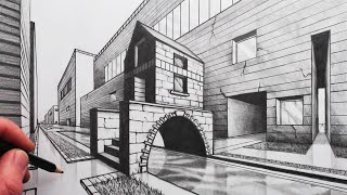 How to Draw 2-Point Perspective: Draw a Arched Bridge in a City