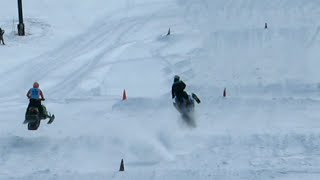 SNOWMOBILE HITS DRIVER ON HILL CROSS! | JUST SNOWMOBILES