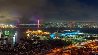 4K 타임랩스 부산 _ 부산항대교, 부산국제여객터미널, 부산항 해무 야경. Busan Port Seafog Timelapse. Busan Nightscape. Korea