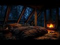 rainy night retreat cozy loft bedroom with fireplace and sleeping cat