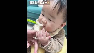 【はじめての離乳食】どんな反応するかな？#shorts #育児 #아기 #赤ちゃん #離乳食