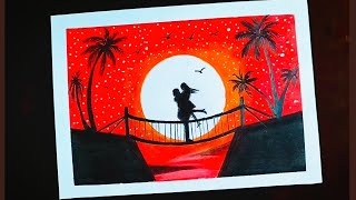 Valentines Day Drawing / Couple On Bridge scenery drawing with oil pastels - Step by step