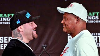 ANDY RUIZ JR DEADLY SMILE AT LUIS ORTIZ DURING FACE OFF; SHOWS HIM RESPECT & SHAKES HAND