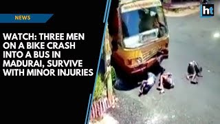 Watch: Three men on a bike crash into a bus in Madurai, survive with minor injuries