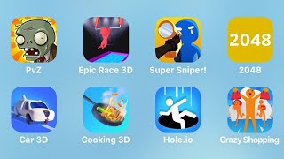 PvZ, Epic Race 3D, Super Sniper, 2048, Car 3D, Cooking 3D, Hole.io, Crazy Shopping