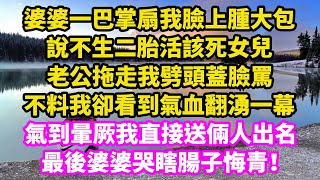 婆婆一巴掌扇我臉上腫大包，說不生二胎活該死女兒，老公拖走我劈頭蓋臉罵，不料我卻看到氣血翻湧一幕，氣到暈厥我直接送倆人出名，最後婆婆哭瞎腸子悔青！