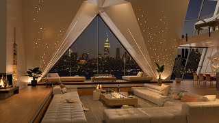 Soothing Nightfall Jazz Sanctuary- 4K Cozy Atmosphere in a Chic New York Lounge for Calm, Reflection