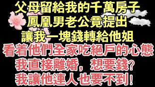 父母留給我的千萬房子，鳳凰男老公竟提出，讓我一塊錢轉給他姐，看著他們全家吃絕戶的心態，我直接離婚，想要錢？，我讓他連人也要不到！