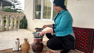 Cooking traditional pilaf on a rainy day in the village|rural life