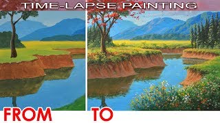 Acrylic Painting in Time Lapse - Basic to Realistic Landscape with Fire Tree and River