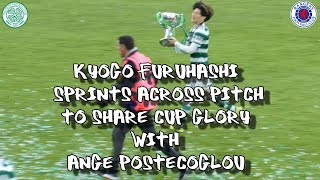 Kyogo Furuhashi Sprints Across Pitch to Share Cup Glory with Ange Postecoglou - Celtic 2 - Rangers 1