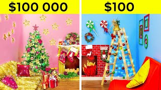 ZENGİN VE FAKİR NOEL ODASI DÖNÜŞÜMÜ || 100.000$'a karşı 100$'la Oda Dekorasyonu 123 GO! FOOD