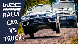 Dakar Truck VS Rally Car! VW Polo R WRC vs Kamaz Dakar Truck over Ounimpohja jump of Rally Finland!