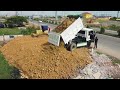 dump truck 24t technique land filling process with bulldozer d20p komatsu push to fill flooded soil