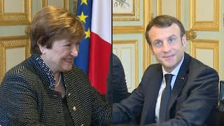 French President Emmanuel Macron holds talks with IMF chief Kristalina Georgieva | AFP