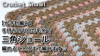 【かぎ針編み】組み合わせ☆手持ちの100均毛糸で三角ショールを編めるところまで編みます☆Crochet Shawl☆ショール編み方