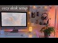 desk makeover 2024 🫧 cozy pastel setup, light academia bookshelf, installing aesthetic lighting 🔮