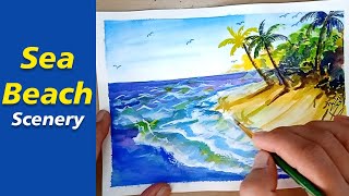 Watercolor Landscape | Sea Beach Scenery Painting | Ocean Painting Easy