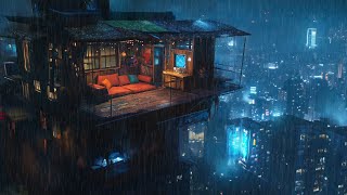 🎼 Neon Blizzard: Rain Sounds and Ambient Music | Cyberpunk Balcony Skyscape | 12 Hours