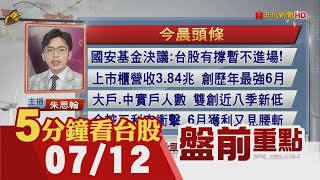 台股熊出沒...Q2 大戶.中實戶都落跑國安基金決議:台股有撐暫不進場!上市櫃營收3.84兆 創歷年最強6月!國巨再祭庫藏股 估砸逾58億元｜主播朱思翰｜【5分鐘看台股】20220712｜非凡財經新聞