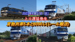 JR貨物 2023/08/27 上り遅延貨物入り乱れ 貨物列車5本と8090レ(レール輸送)] 東海道本線