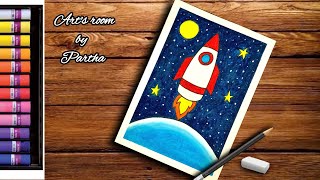 Rocket in space drawing with colours for beginners very easy step by step