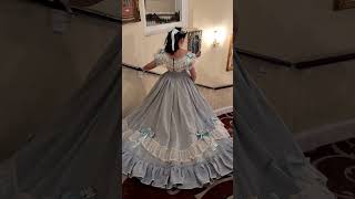 Sweeping down the stairs in a large crinoline gown! 1860s blue Victorian ballgown.