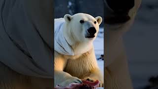 An injured polar bear is helped by man to treat his wounds