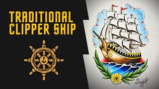How to draw a Ship (Full colour traditional tattoo design)