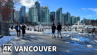 【4K】Downtown Vancouver Walk After Snowfall, Coal Harbour | BC Canada (Binaural City Sounds)