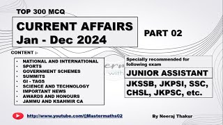 Last 12 Months Current Affairs || January to December 2024 ||Part 02||Junior Assistant, JKSSB, JKPSI