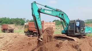 excavator kobelco sk200 muatkan tanah merah ke dump truck tronton mitsubishi fuso 220ps, mobil truk