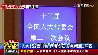 人大162票同意港版國安法通過即日生效