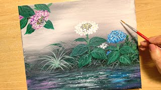 How to draw hydrangea with acrylic paint / waterside landscape / acrylic painting / Step by step