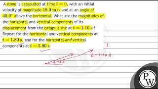 A stone is catapulted at time \\( t=0 \\), with an initial velocity of magnitude \\( 18.0 \\mathrm{~...