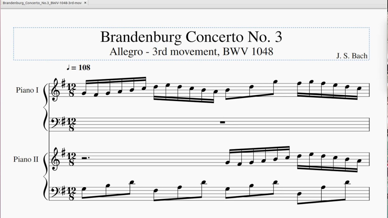 Bach, Brandenburg Concerto No. 3 BWV 1048, 3rd Mvt, 2 Pianos, Sheet ...