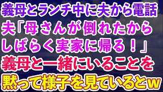 【スカッとする話】義母とランチ中に夫から電話「母さんが倒れたからしばらく実家に帰るから！」義母と一緒にいることを黙って様子を見ているとw【感動する話】