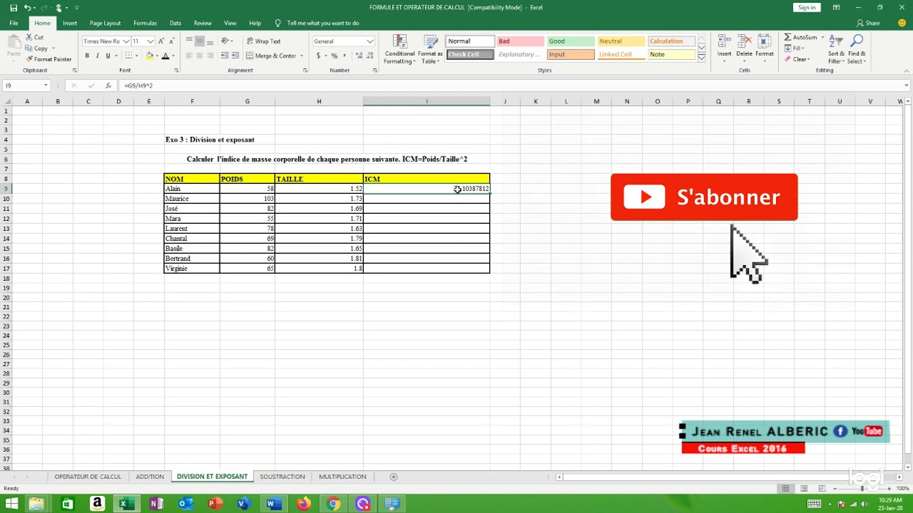 Cours Excel 2016 || Les Opérateurs De Calcul - YouTube