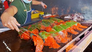 Unique BBQ！Grilled Fish in Banana Leaf, Fried Squid (Manta Ray, Sea Bass)/芭蕉葉辣烤魚,烤魷魚,魟魚－Street Food