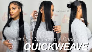 HOW TO : DIY HALF UP HALF DOWN + BANG QUICKWEAVE! NO LEAVEOUT 💇🏽‍♀️💕🎀 Detailed Tutorial