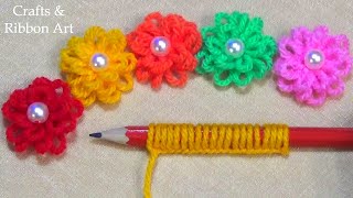 Super Easy Woolen Flower Making Ideas with Pencil - Hand Embroidery Amazing Trick - DIY Yarn Flowers