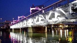 隅田川　花筏　満月の夜　　東武浅草駅　鉄橋　隅田川橋梁　桜色