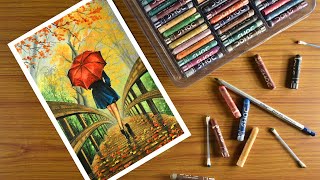 Rainy Day Scenery With Oil Pastel || girl with umbrella oil pastel drawing - step by step