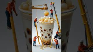 tiny construction workers assembling a giant cup of bubble tea.