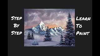 Step by Step Bob Ross Style Oil Painting Tutorial on Canvas "Misty Mountains" by Josh Kirkham.