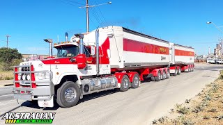 V8 Mack Value-Liner grain truck accelerating