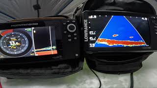 Ice fished Lowrance Eagle Eye 9 and Humminbird Helix side by side. Flasher vs Down live